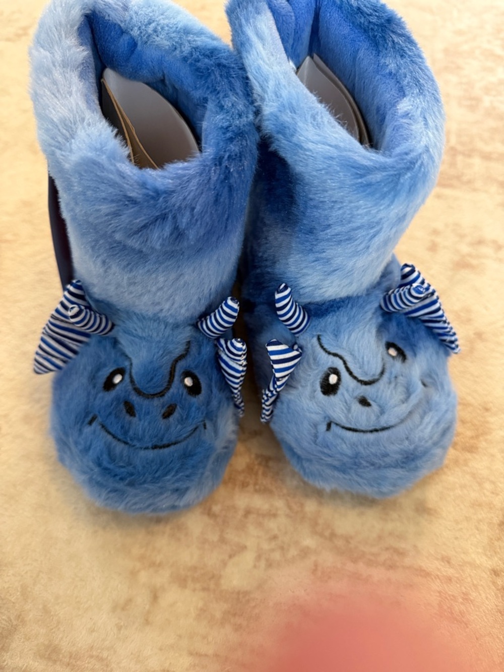 totes Blue Plush Kids Monster Slippers with Striped Horns